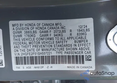 2025 Honda Civic Sport from USA, damaged, VIN 2HGFE2F51SH557221